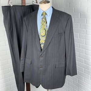 Joseph Scafidi Suit Men 48/42W x 30L Gray‎ Blue Stripe Wool Career Bespoke 2pc